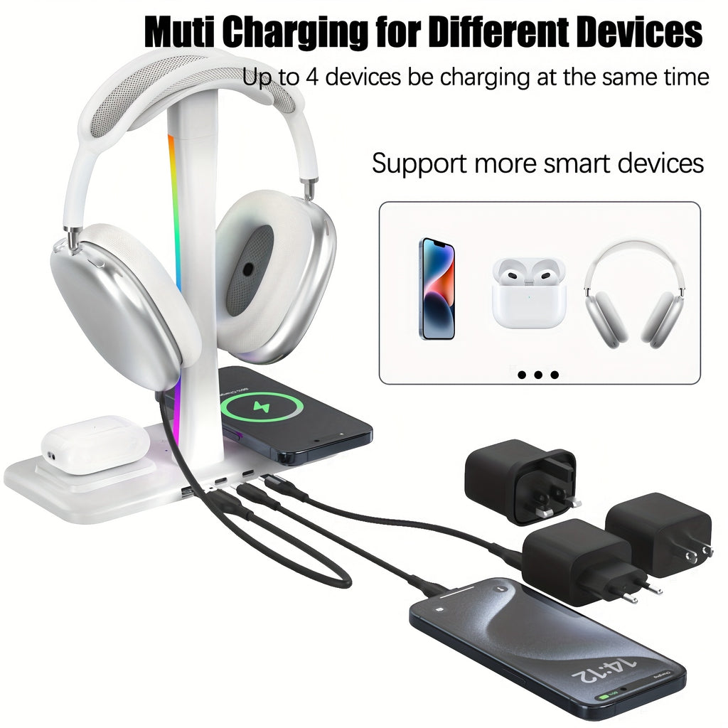 A Headphone Holder Featuring a Wireless Charger and RGB Lights