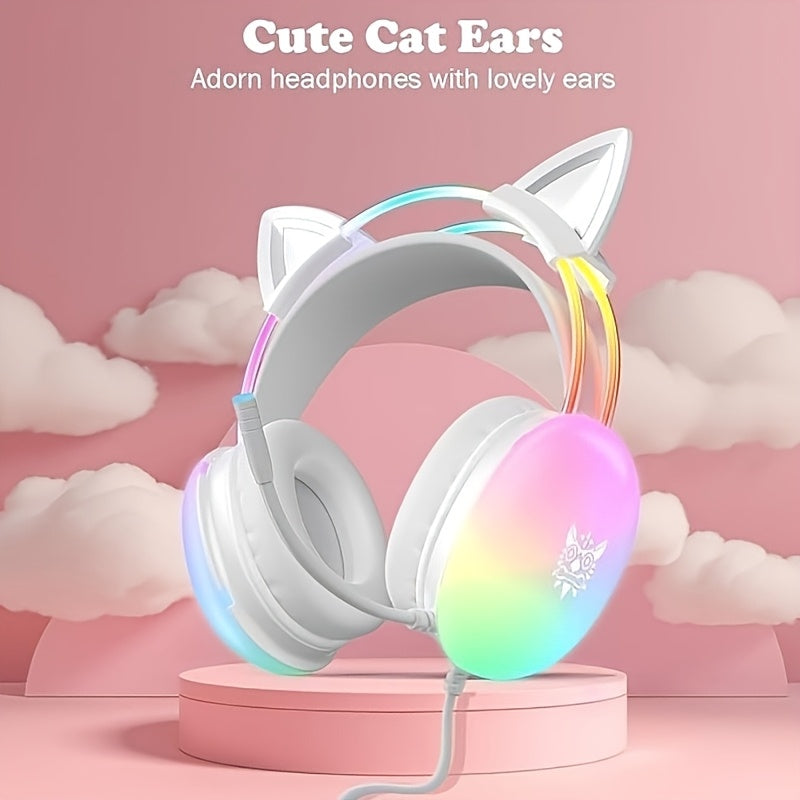 ONIKUMA Wired Over-Ear Headphones, Full RGB Lighting Effects, One Pair of Detachable Cat Ear Accessories