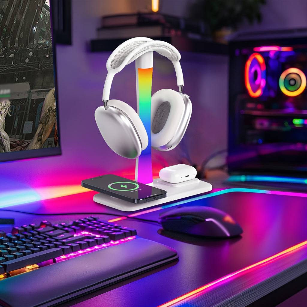 A Headphone Holder Featuring a Wireless Charger and RGB Lights