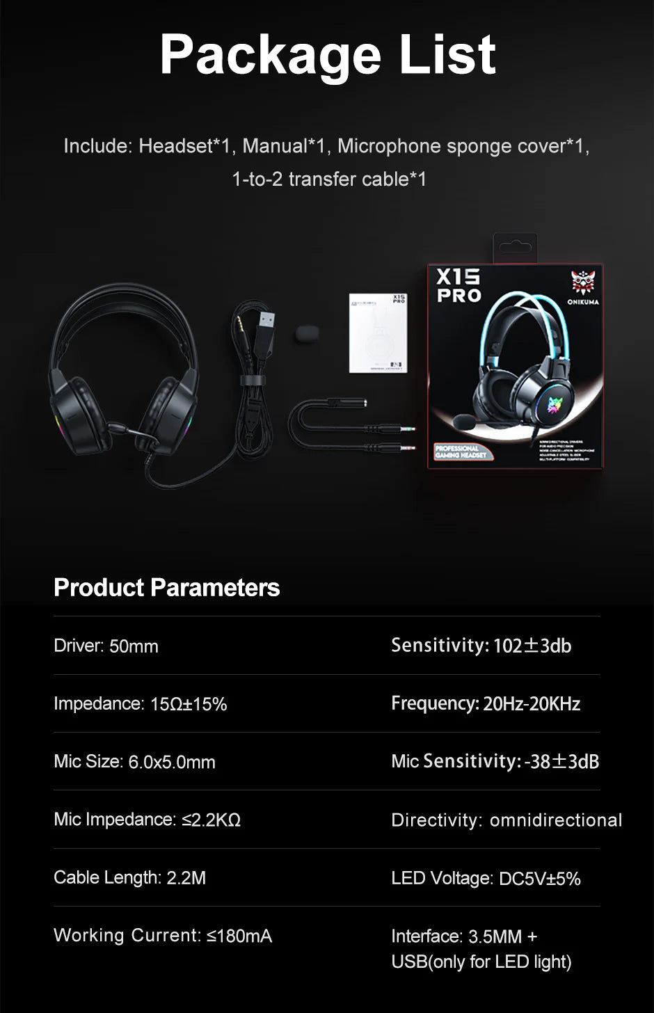 ONIKUMA X15 Wired Headphones with RGB With/Without Cat Eats