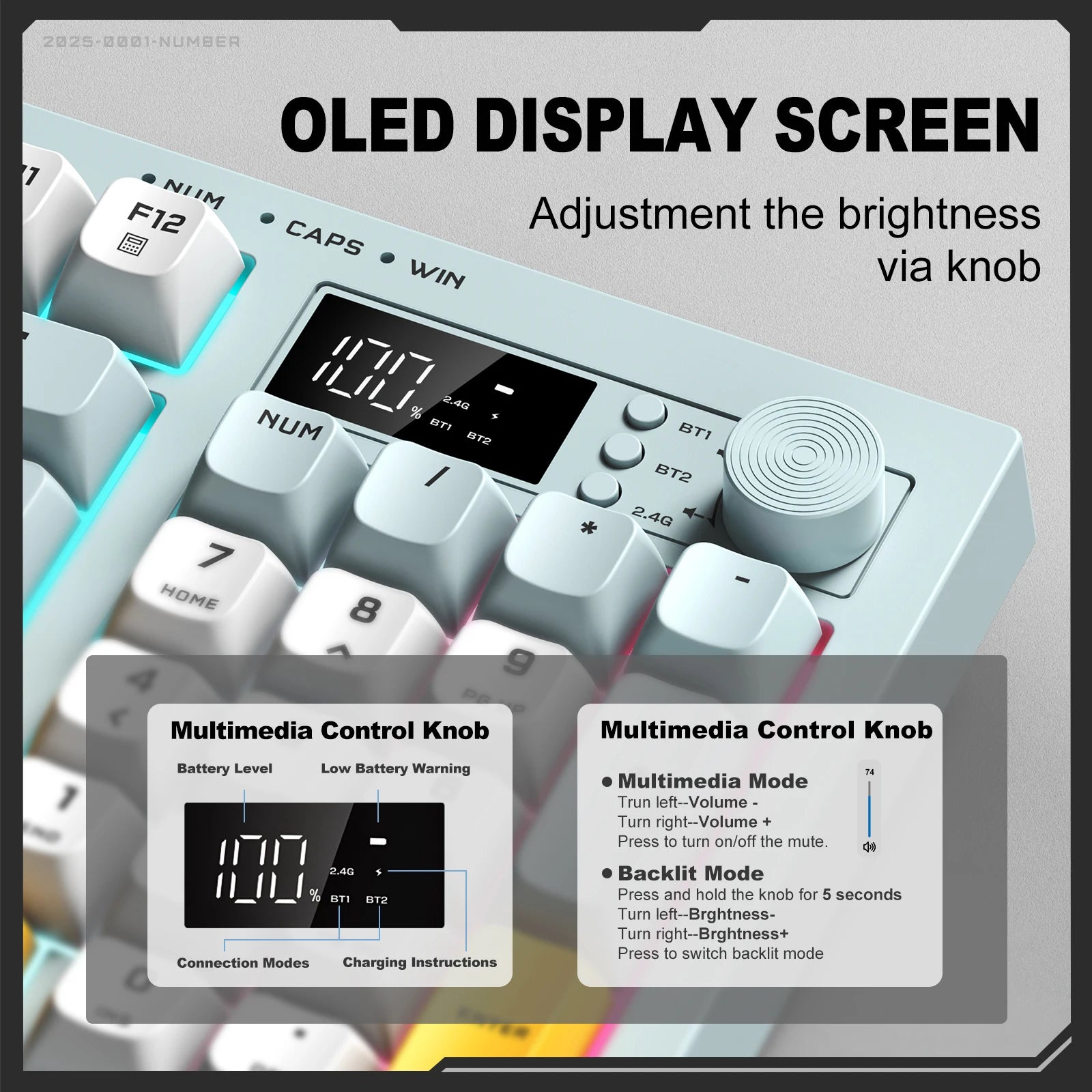 ONIKUMA G80 Wireless Bluetooth Gaming Keyboard with Screen