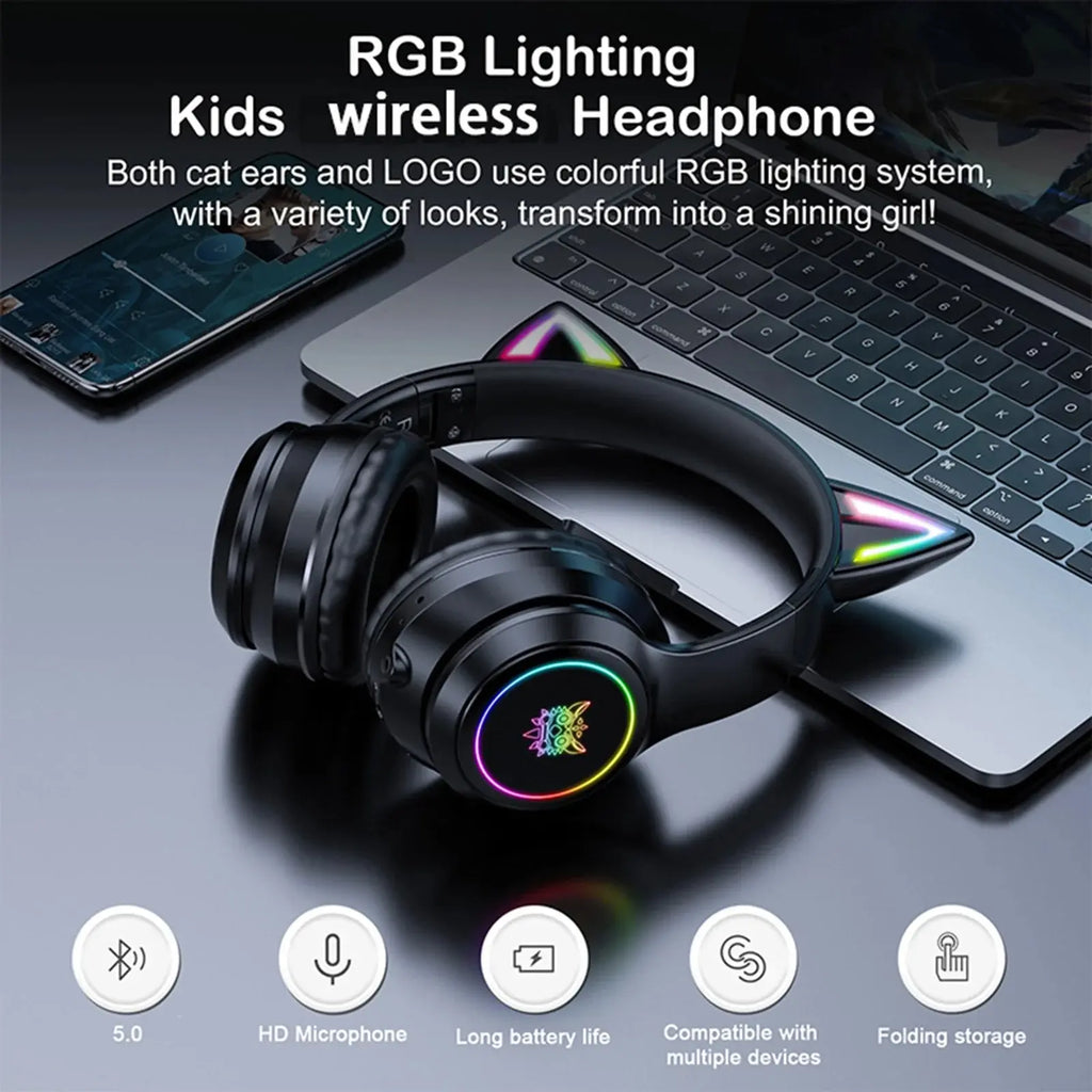 ONIKUMA Wireless Headset with RGB Lighting and Cat Ears