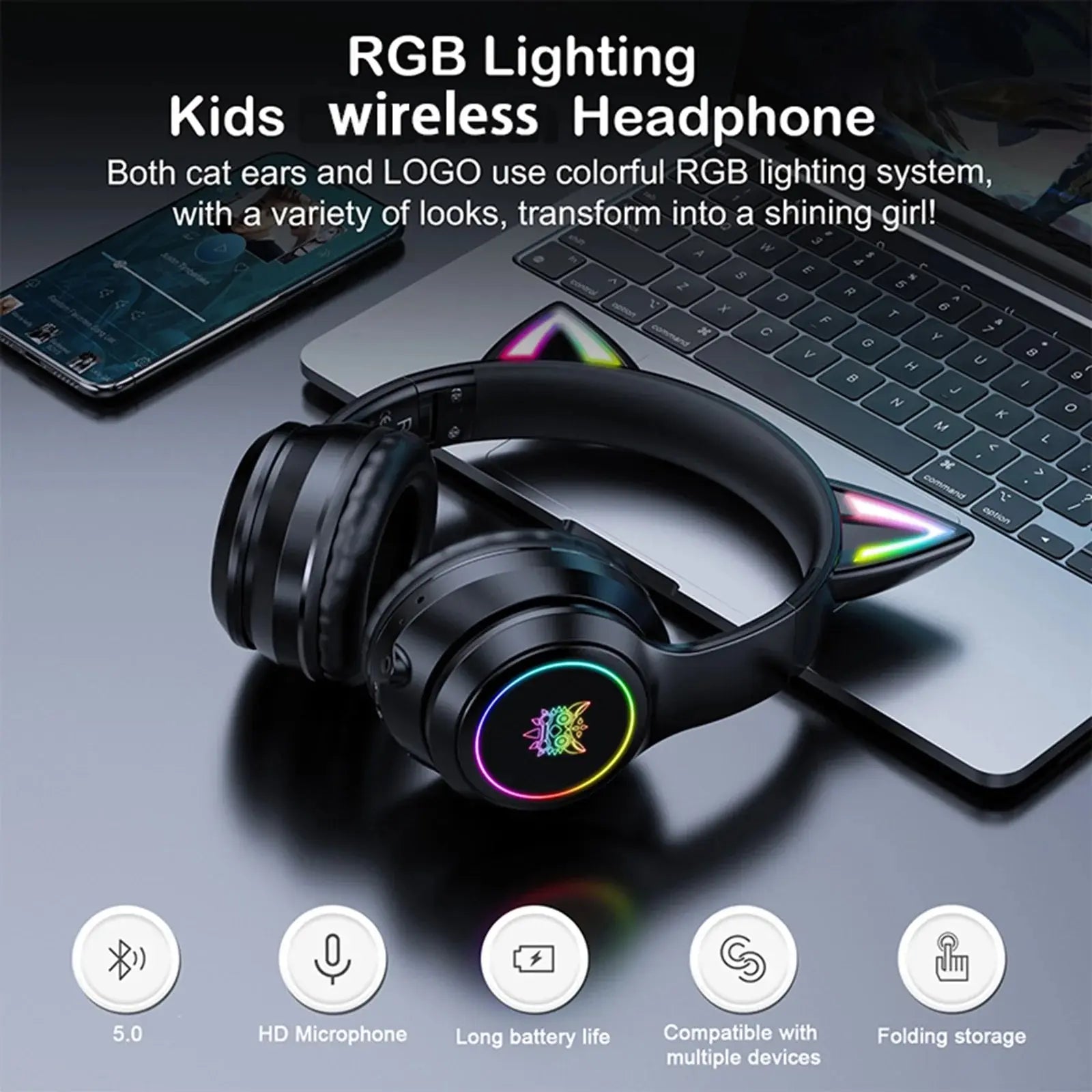 ONIKUMA Wireless Headset with RGB Lighting and Cat Ears