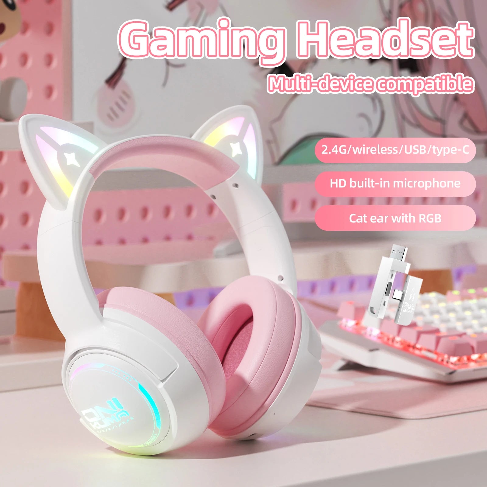 ONIKUMA GT838 Wireless RGB Gaming Headset with Cat Ears